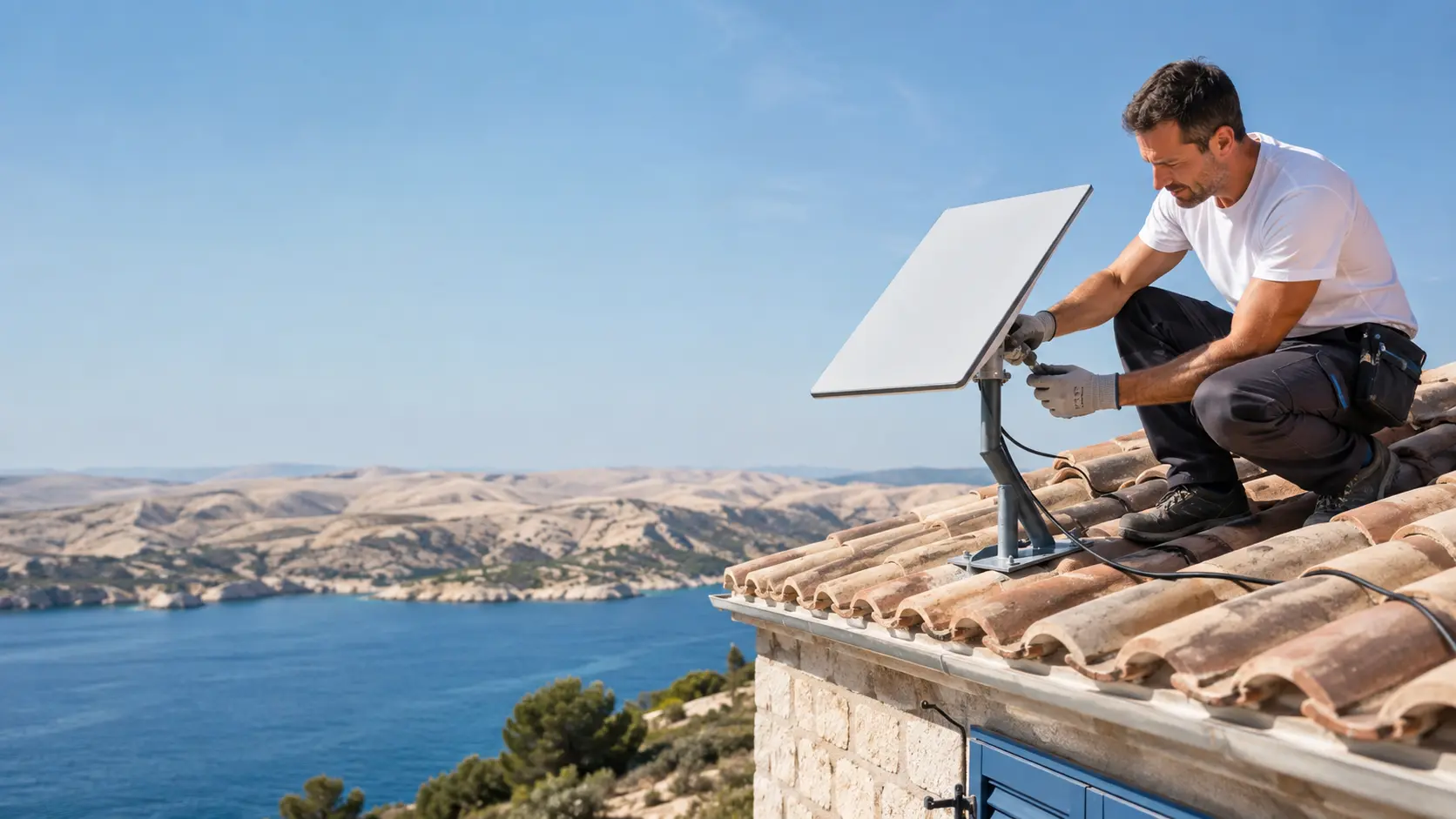 Starlink antenna installation on a sea-view roof